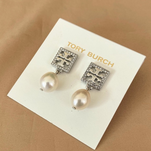 Tory Burch Jewelry - Tory Burch Silver & Gems Logo Pearl Drop Earrings